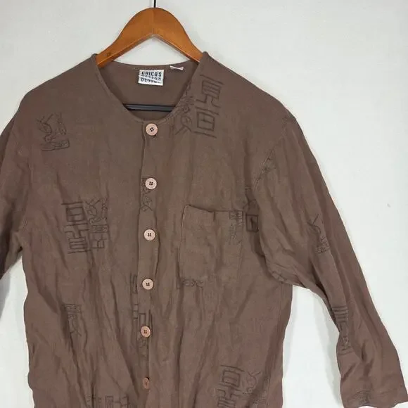 VTG Chicos Design Button Shirt Womens 0 Large Brown Geometric Long Sleeve Aztec - Picture 7 of 12